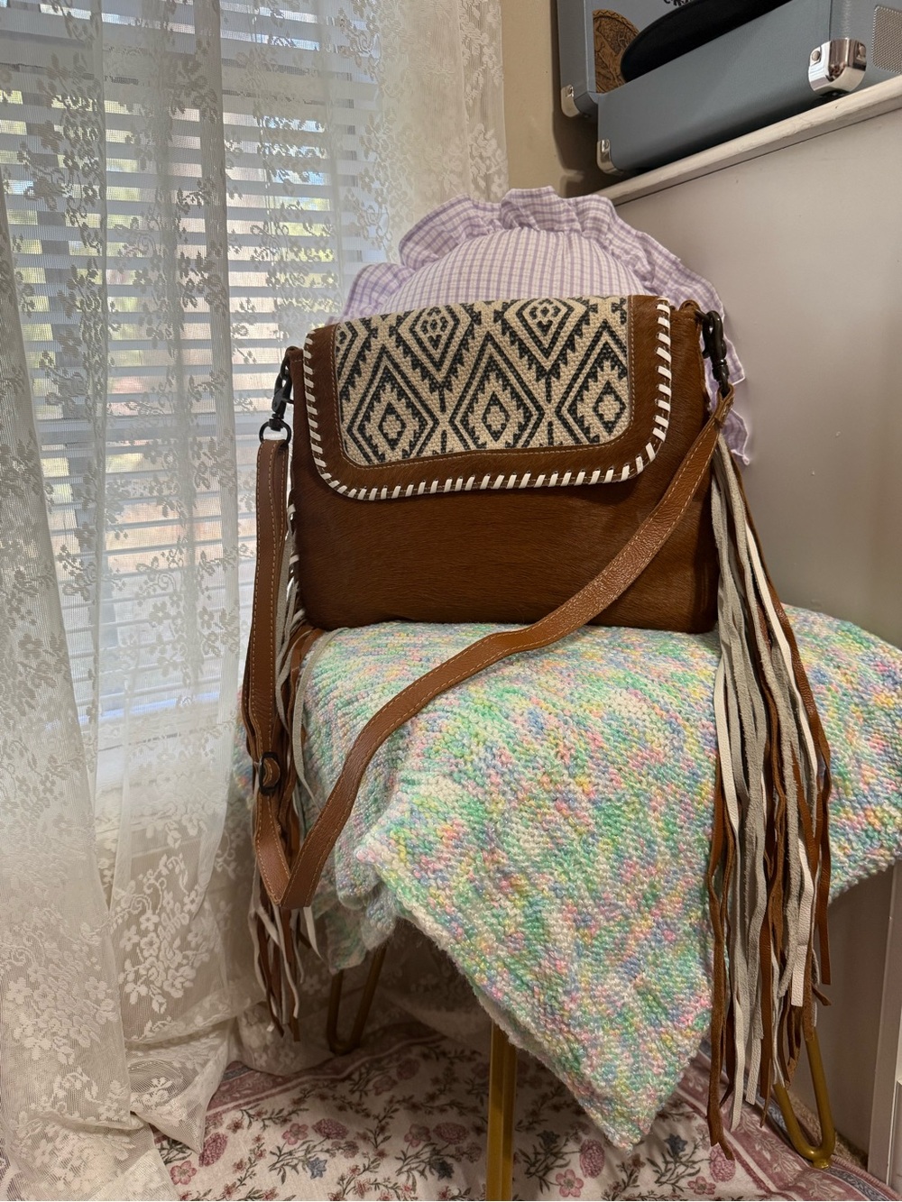 Myra Bag Brown Leather Fringe Crossbody with Aztec Weave Flap